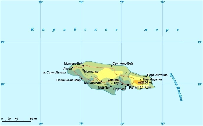 Физическая карта Ямайки